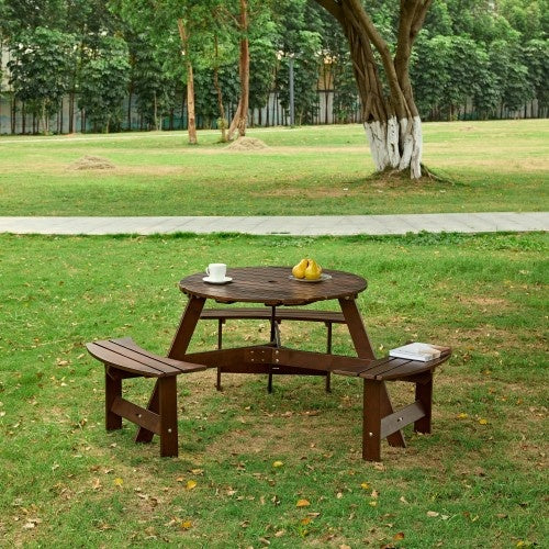 Outdoor 6 Person Picnic Table, 6 Person Round Picnic Table With 3 Built-in Benches, Umbrella Hole, Outside Table And Bench Set For Garden, Backyard, Porch, Patio