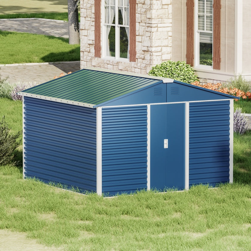 Large-sized Outdoor Metal Shed 10 Ft. W X 10 Ft. D With Sliding Door Sq. Ft. For Garden Patio Lawn, Blue - Outdoor Chilling