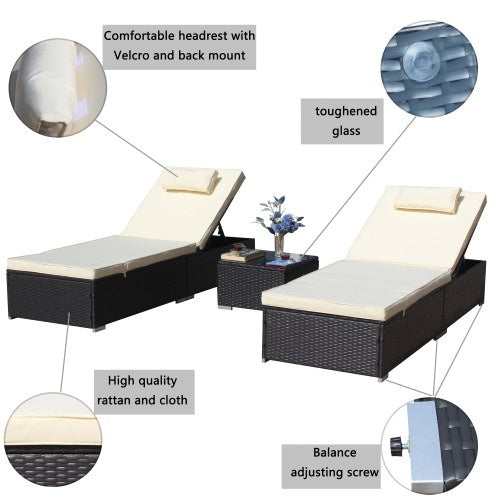 3-Piece Outdoor Patio Furniture Set Chaise Lounge, Patio Reclining Rattan Lounge Chair Chaise Couch Cushioned With Glass Coffee Table, Adjustable Back And Feet, Lounger Chair For Pool Garden, Beige - Outdoor Chilling