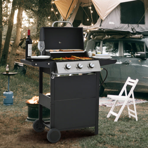 Propane Gas Grill 3 Burner Barbecue Grill, Stainless Steel 26,000 BTU Patio Garden Barbecue Grill With Two Shelves, Lid, Wheels And Bottle Opener - Outdoor Chilling