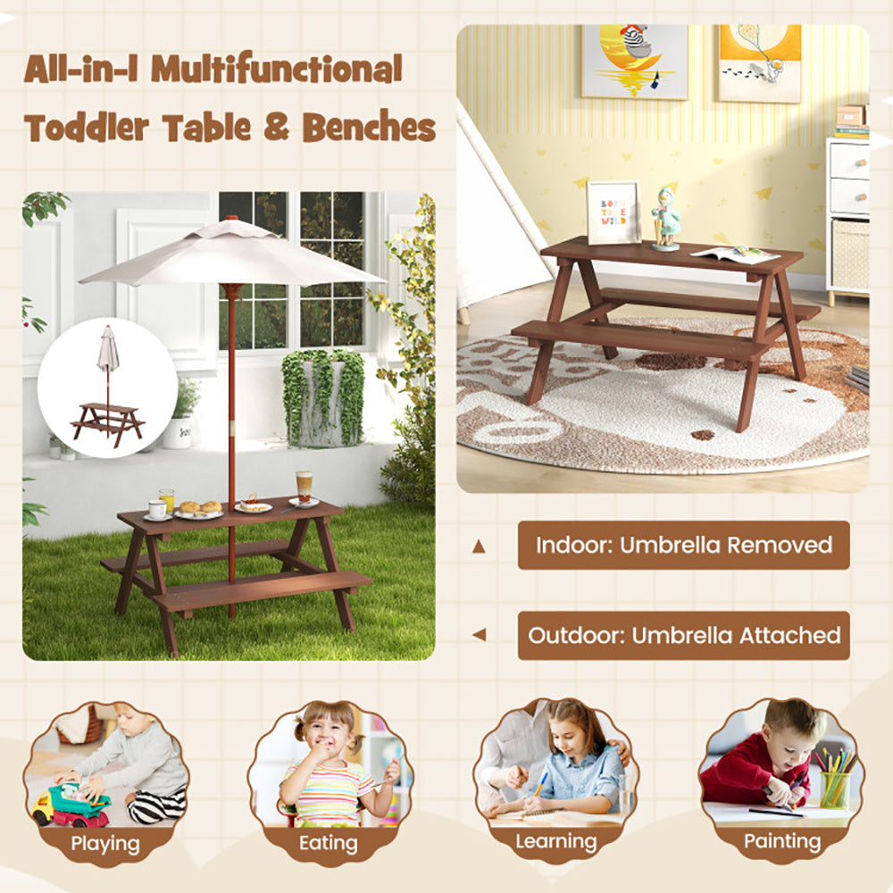 Outdoor 4-Seat Kids Picnic Table Bench Set With Removable Umbrella - Outdoor Chilling
