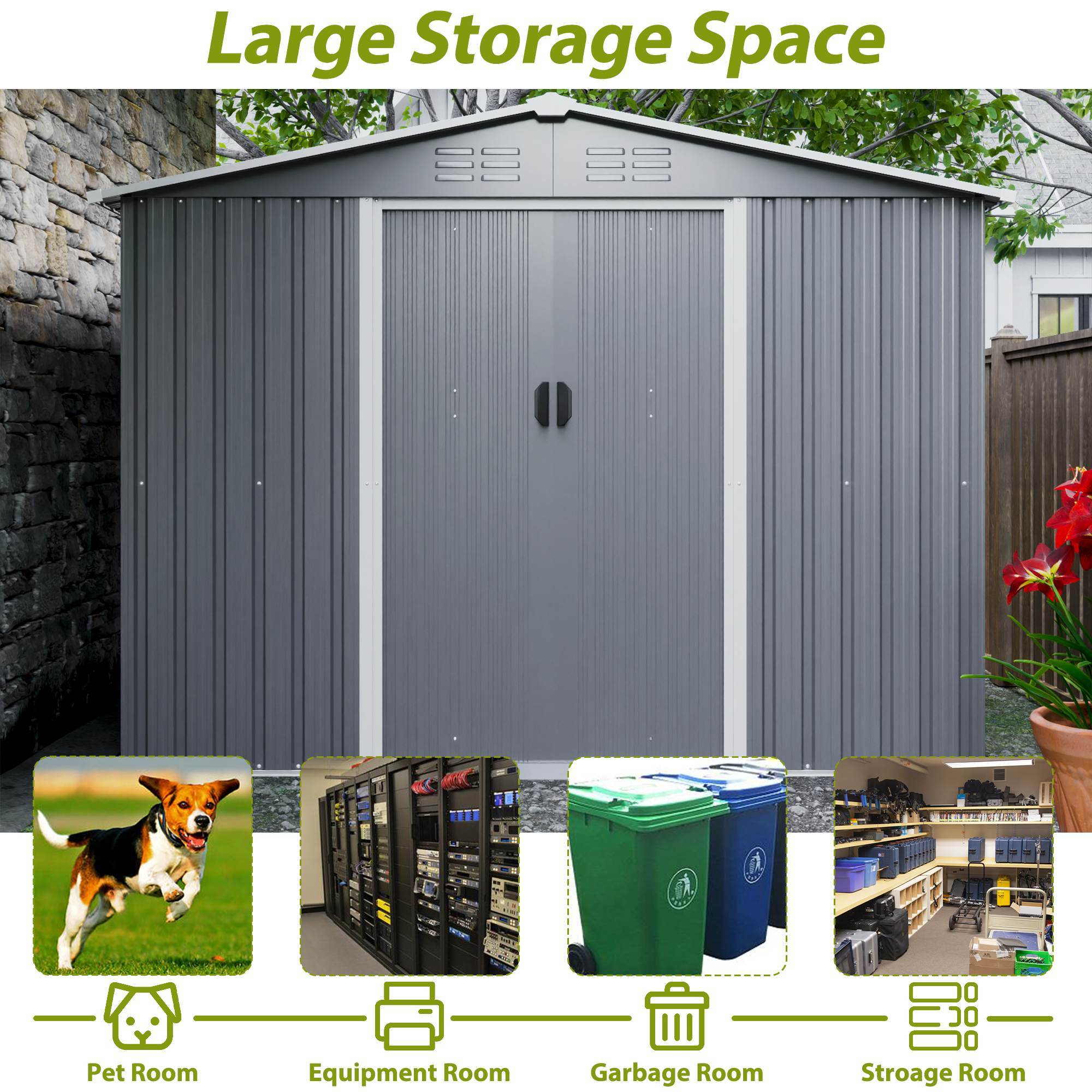 8x6 FT Outdoor Tool Storage Shed With Metal Foundation & Lockable Doors, All Weather Metal Sheds For Garden, Patio, Backyard, Lawn, Gray - Outdoor Chilling