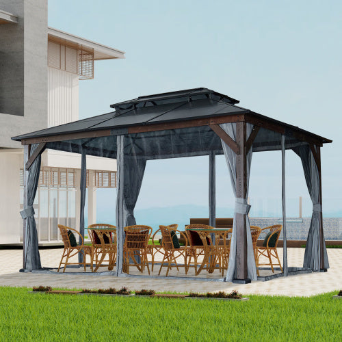 10' X 13' Hardtop Wood Gazebo For Patios, Outdoor Framed Gazebo With Polycarbonate Double Roof Canopy, Solid Wooden Framed Gazebo With Privacy Curtains And Mosquito Nettings For Garden, Backyard - Outdoor Chilling