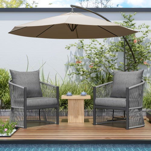 Set Of 2 Modern Gray Curved Aluminum Lounge Chair With Stylish Rope-Weave Design And Cushioned Comfort, Perfect For Outdoor Living - Outdoor Chilling