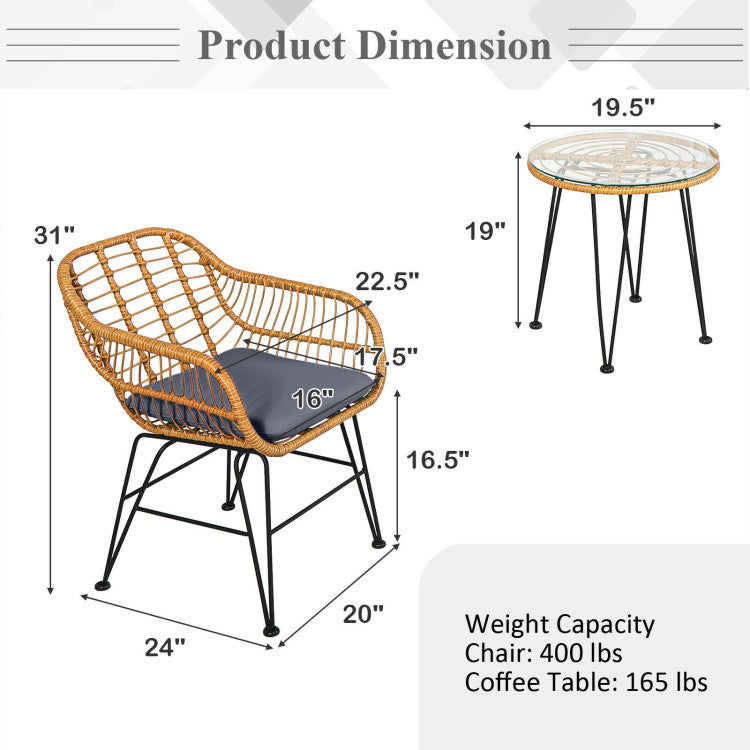 3 Pieces Rattan Furniture Set With Cushioned Chair Table - Outdoor Chilling