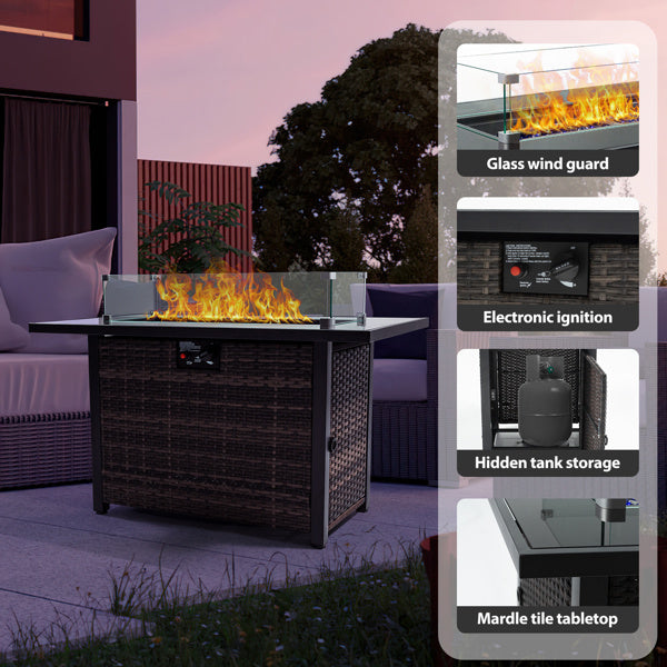 Outdoor Fire Pit 50000 BTU Propane Gas Fire Table With Lid Fireplace With Glass Windproof Willow Base Suitable For Gardens, Terraces, Backyards, 44 Inches - Outdoor Chilling