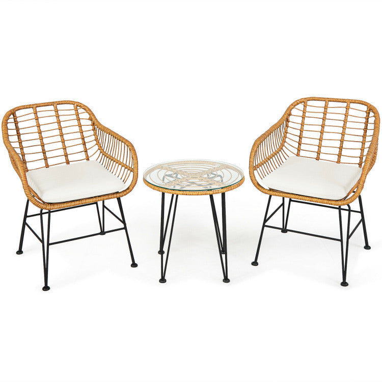 3 Pieces Rattan Furniture Set With Cushioned Chair Table - Outdoor Chilling