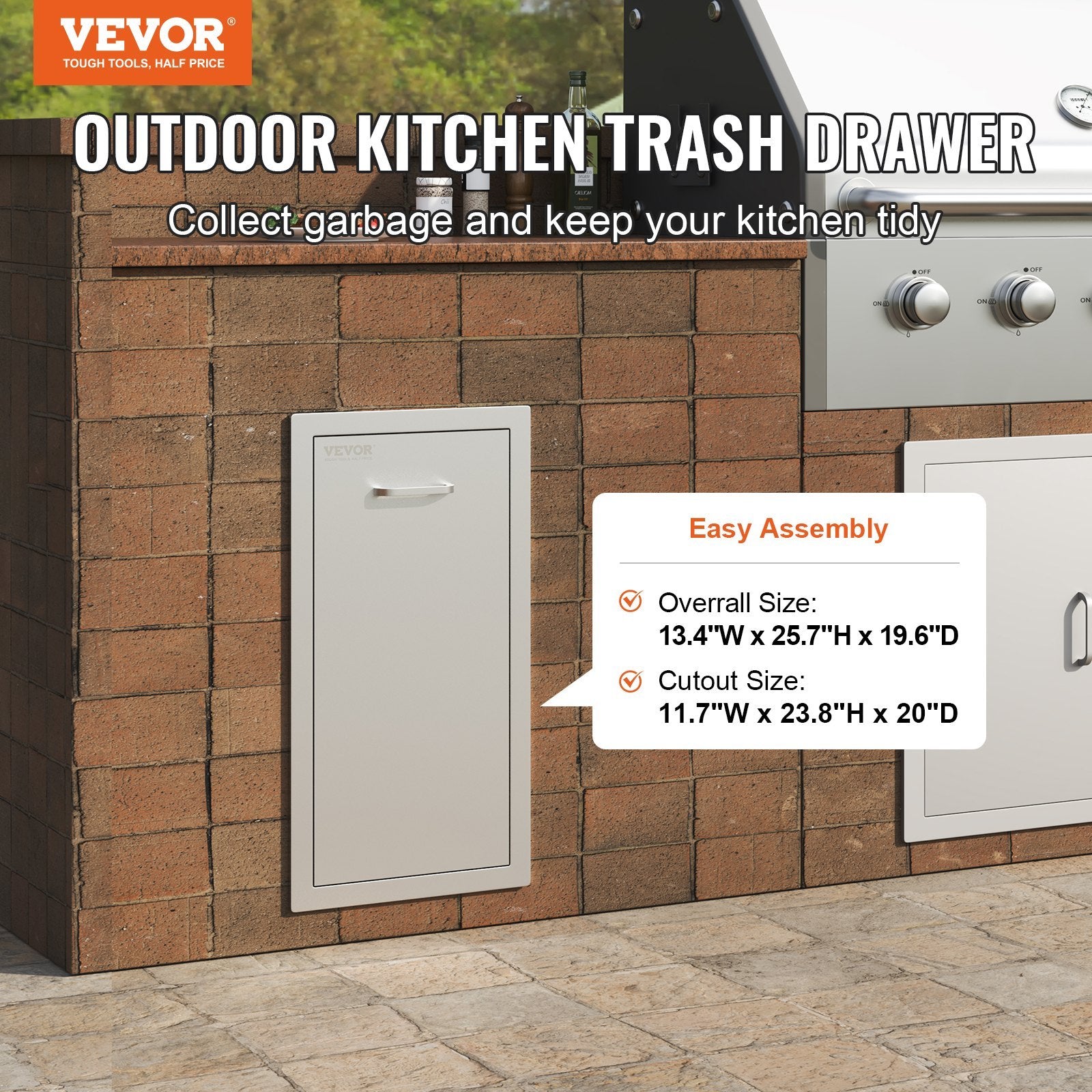 VEVOR Pull Out Trash Drawer 13.4Wx26Hx19.6D Inch Lower Sliding Rails Stainless Steel Roll Out Trash Bin Pull Out Tray Outdoor Kitchen Trash Drawer With Handle For BBQ Island Grill Station