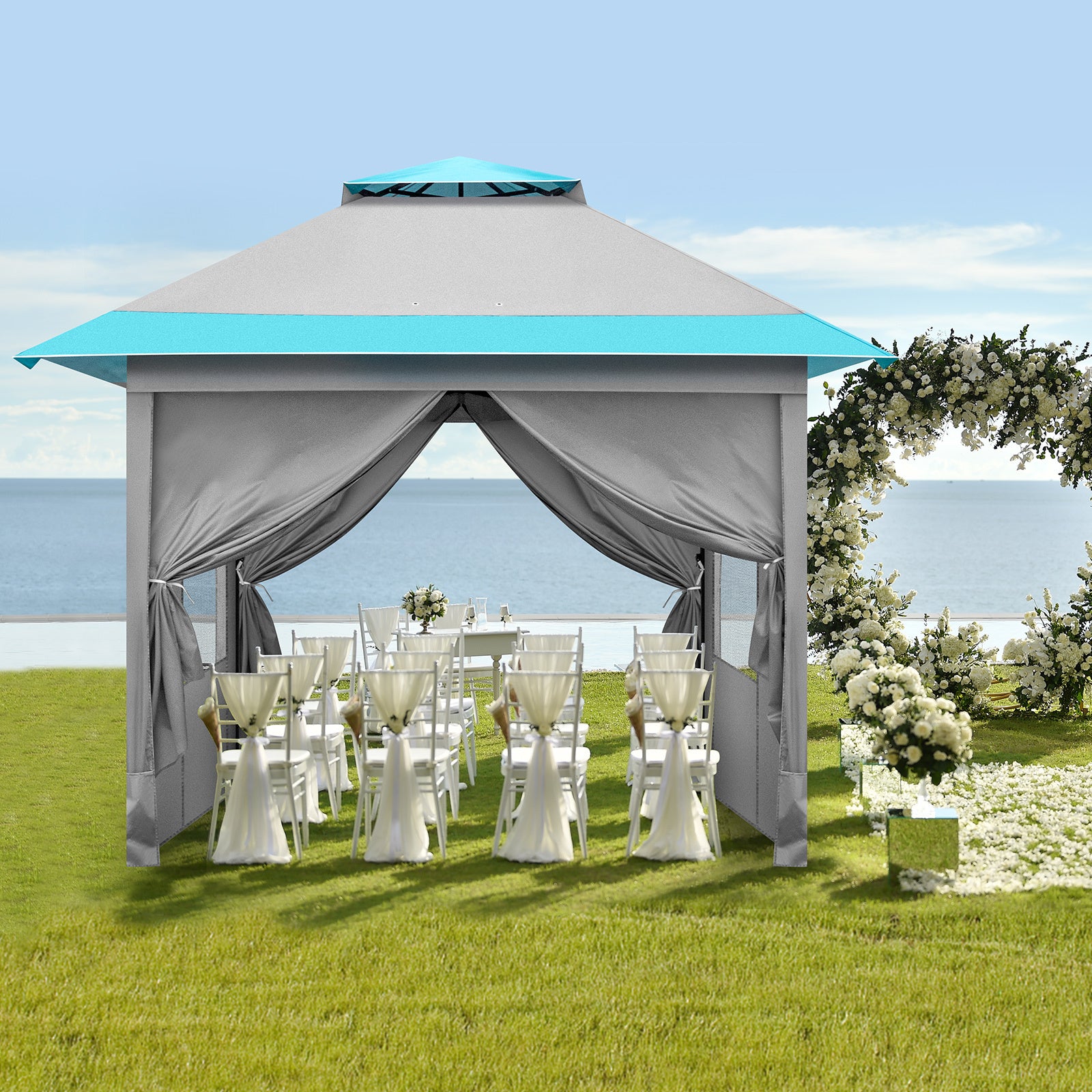3x3m Light Blue White One Click Open Right Angle Belt With 4 Sides Of Surrounding Cloth, Double Roof Overhanging Eaves, 4 Corners With Sandbags, Folding Shed - Outdoor Chilling