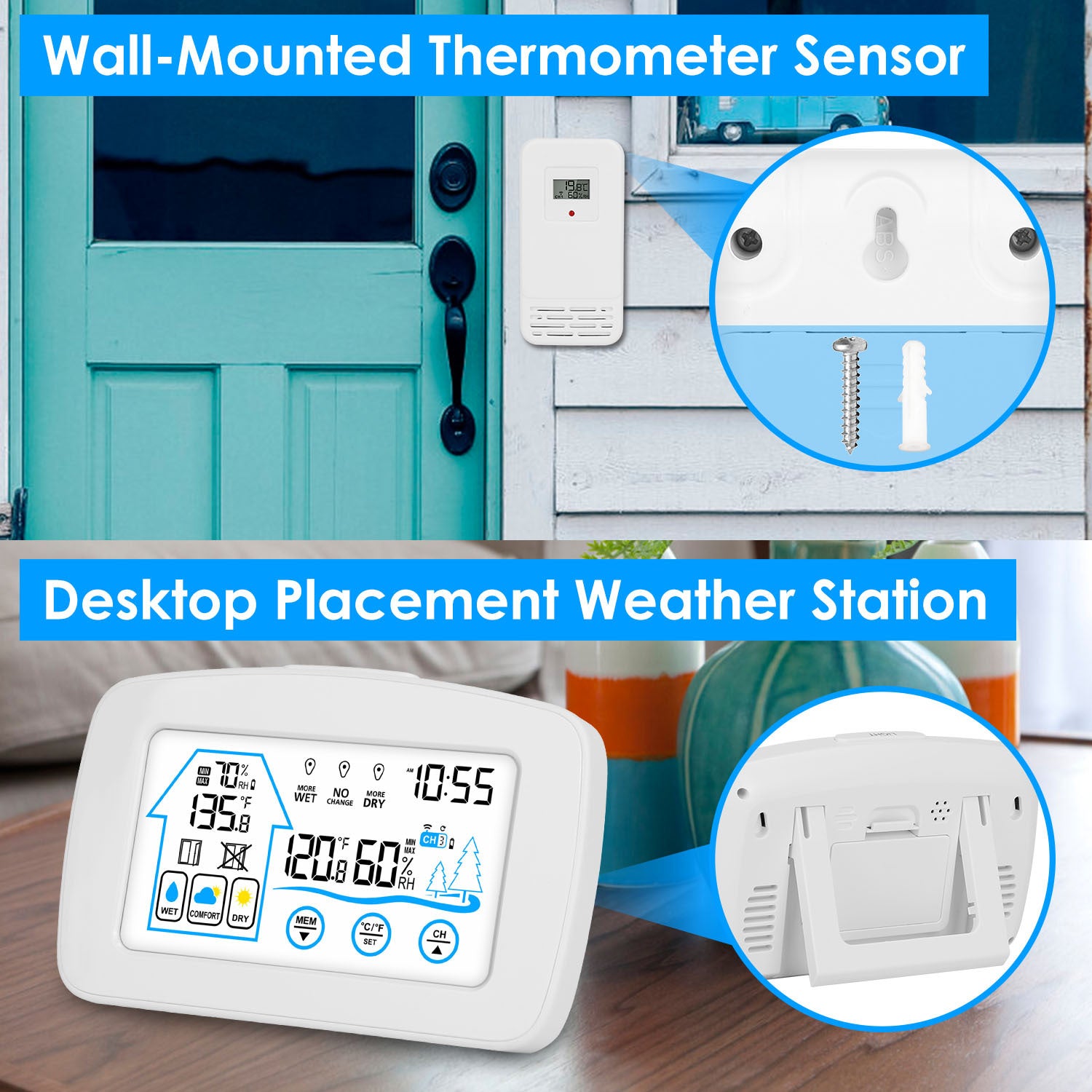 1Pc Wireless Weather Station With Clock 196FT Range Indoor Outdoor Thermometer Sensor Temperature And Humidity Monitor Humidity Forecast Battery Powered Backlight Display - Outdoor Chilling