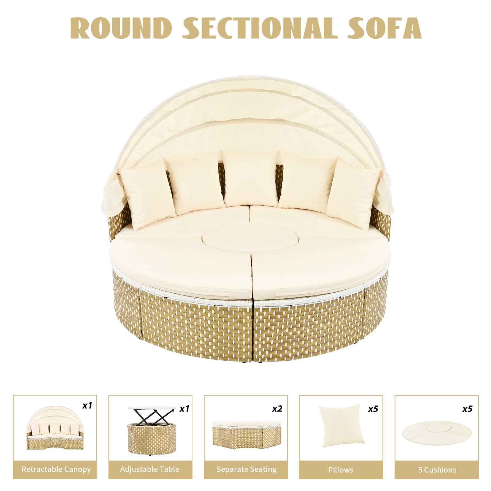 TOPMAX Patio Furniture Round Outdoor Sectional Sofa Set Rattan Daybed Two-Tone Weave Sunbed With Ret - Outdoor Chilling