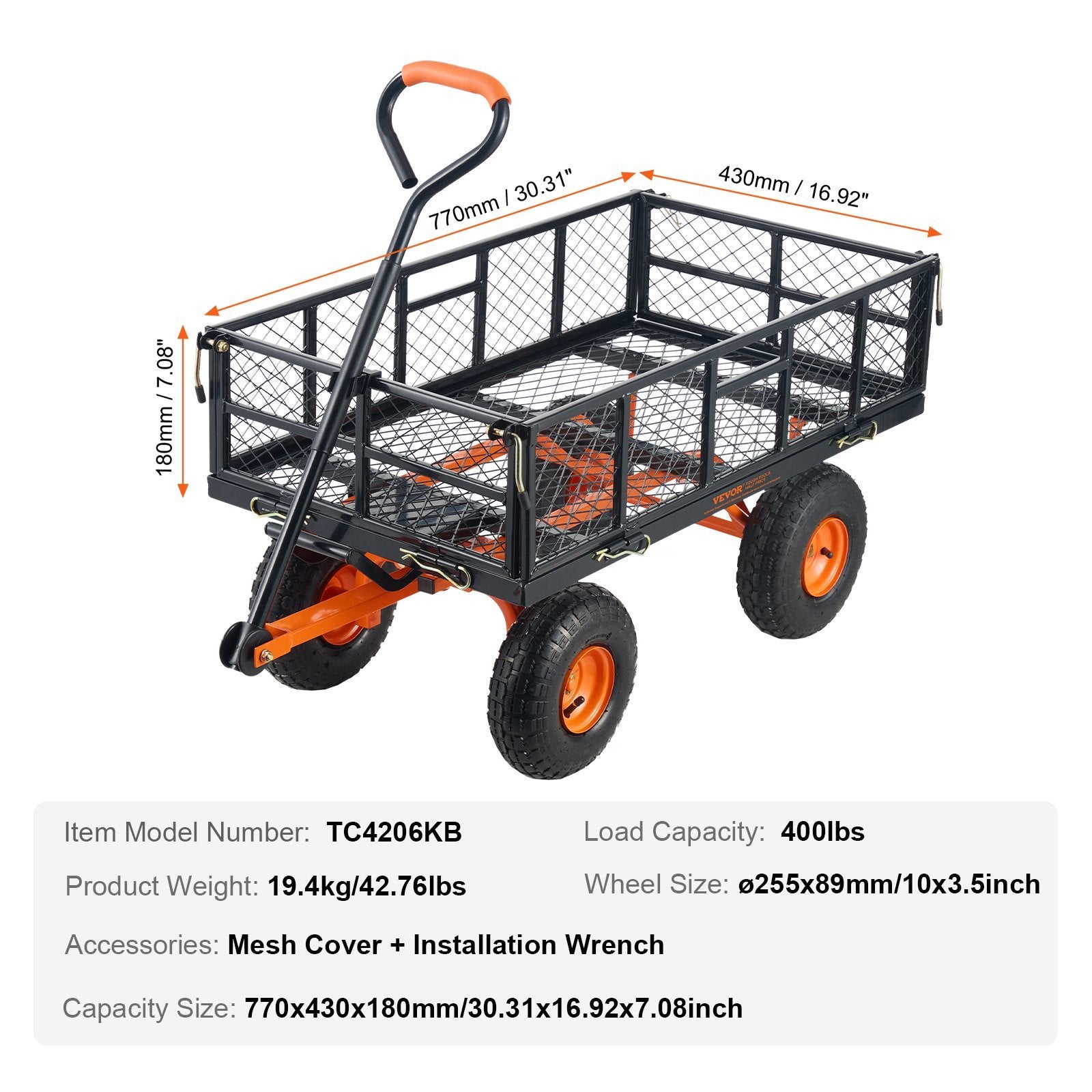 VEVOR Dump Cart, Metal Garden Dump Cart With Easy To Assemble Frame, Dump Wagon With 2-in-1 Convertible Handle, Utility Wheelbarrow 400 Lbs Capacity, 10 Inch Tires - Outdoor Chilling