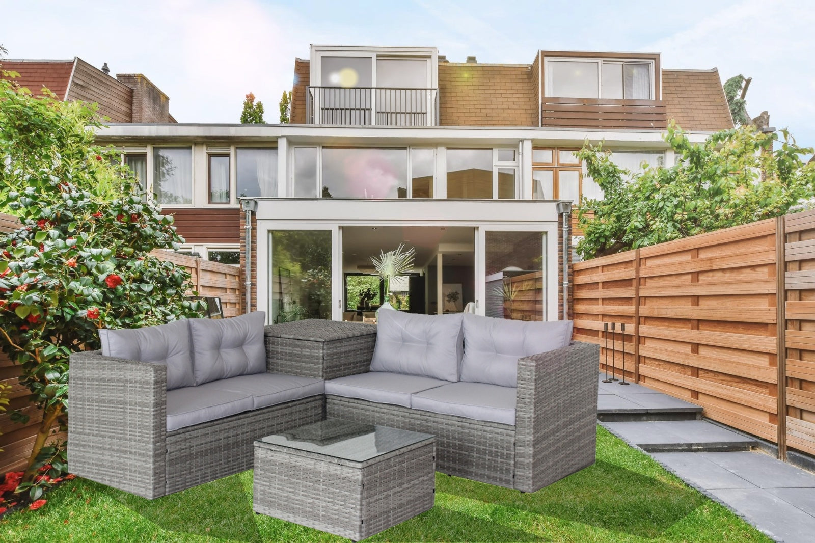 4Pc Patio Sectional Wicker Rattan Sofa Set W/Storage Box Grey - Outdoor Chilling