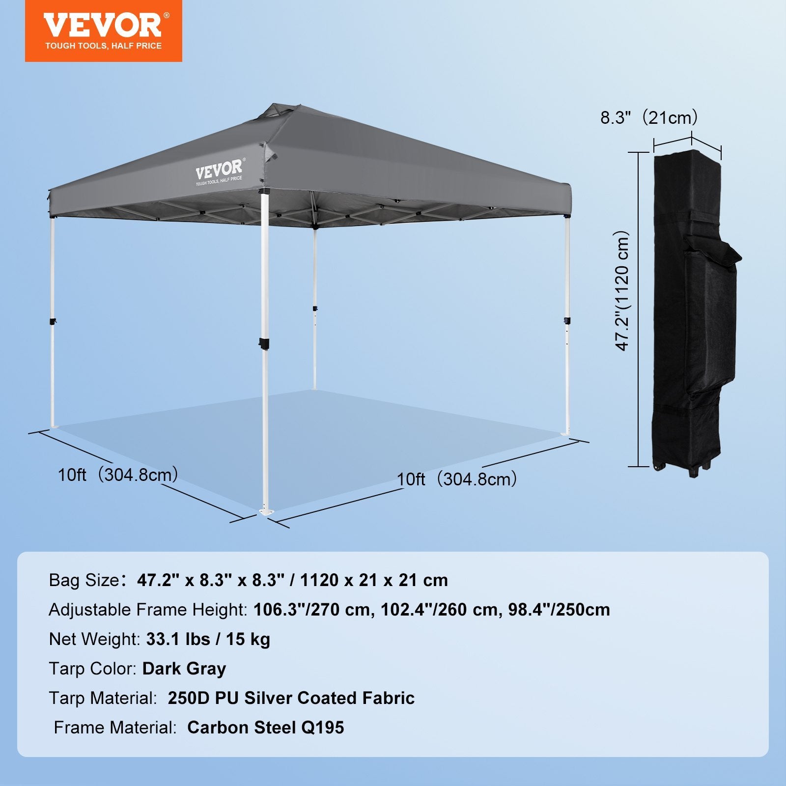 VEVOR Pop Up Canopy Tent, 10 X 10 Ft, 250 D PU Silver Coated Tarp, With Portable Roller Bag And 4 Sandbags, Waterproof And Sun Shelter Gazebo For Outdoor Party, Camping, Commercial Events, Dark Gray - Outdoor Chilling