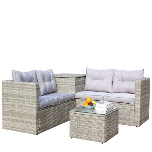 4 Piece Patio Sectional Wicker Rattan Outdoor Furniture Sofa Set With Storage Box Grey - Outdoor Chilling
