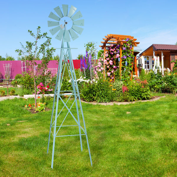 8ft Light Blue Ribbon Wind Vane, 4-pod Standing Iron Windmill - Outdoor Chilling