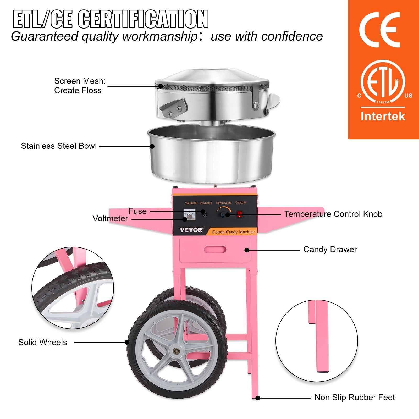 VEVOR Electric Cotton Candy Machine With Cart, 1000W Commercial Floss Maker With Stainless Steel Bowl, Sugar Scoop And Drawer, Perfect For Home, Kids Birthday, Family Party, Pink - Outdoor Chilling