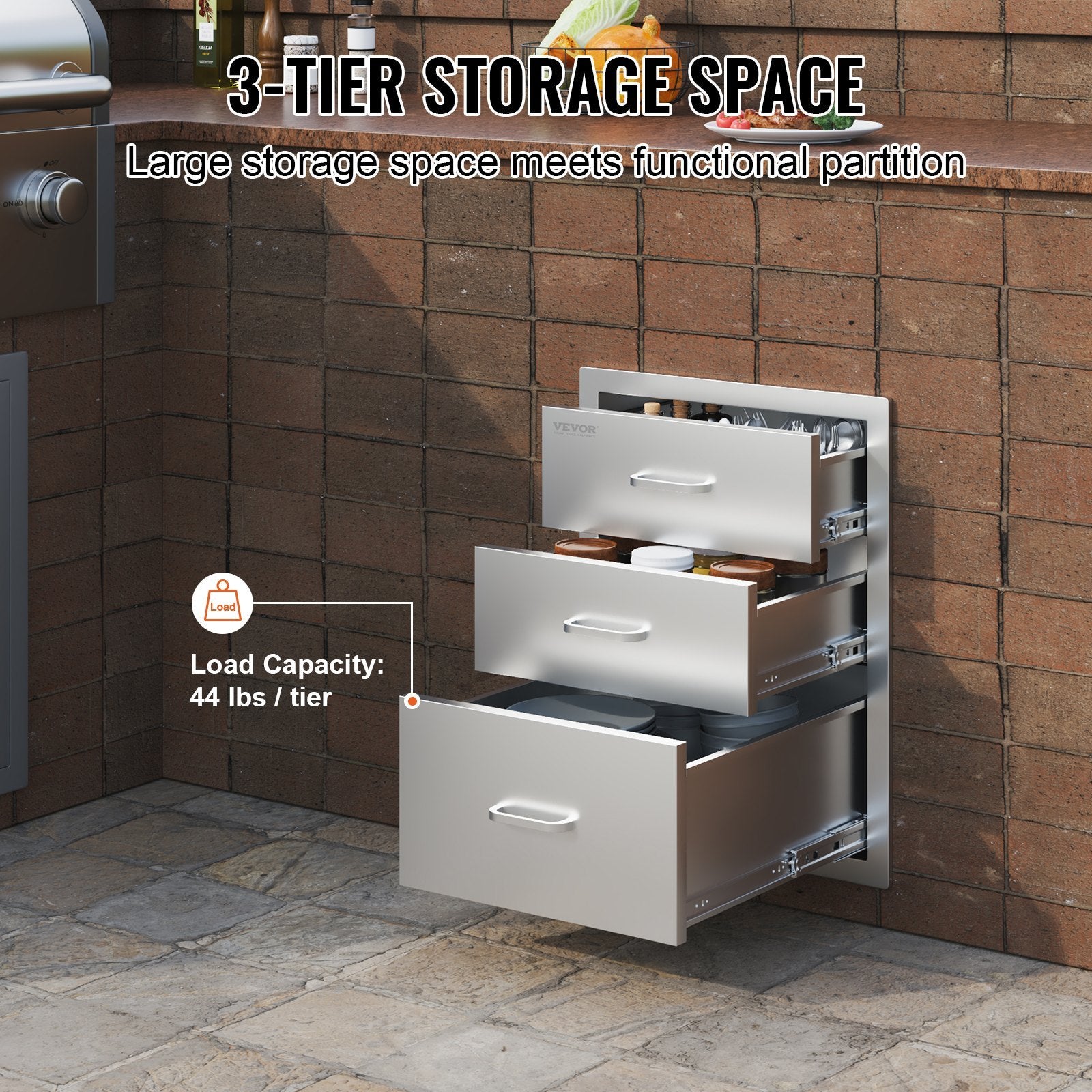 VEVOR 18x20.5 Inch Outdoor Kitchen Stainless Steel Triple Access BBQ Drawers With Chrome Handle, 18 X20.5 X 23 Inch - Outdoor Chilling