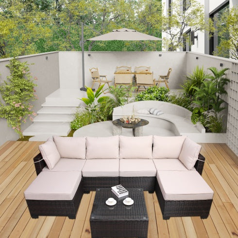 Outdoor Garden Patio Furniture 7Piece PE Rattan Wicker Cushioned Sofa Sets And Coffee Table, Patio Furniture Setoutdoor Couchoutdoor Couch Patio Furnitureoutdoor Sofapatio Couch - Outdoor Chilling