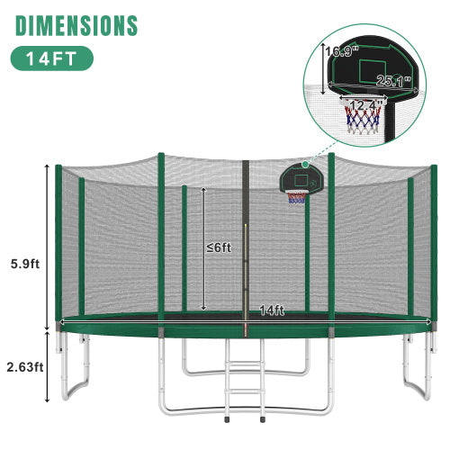 14FT Trampoline For Kids With Safety Enclosure Net, Basketball Hoop And Ladder, Easy Assembly Round Outdoor Recreational Trampoline - Outdoor Chilling