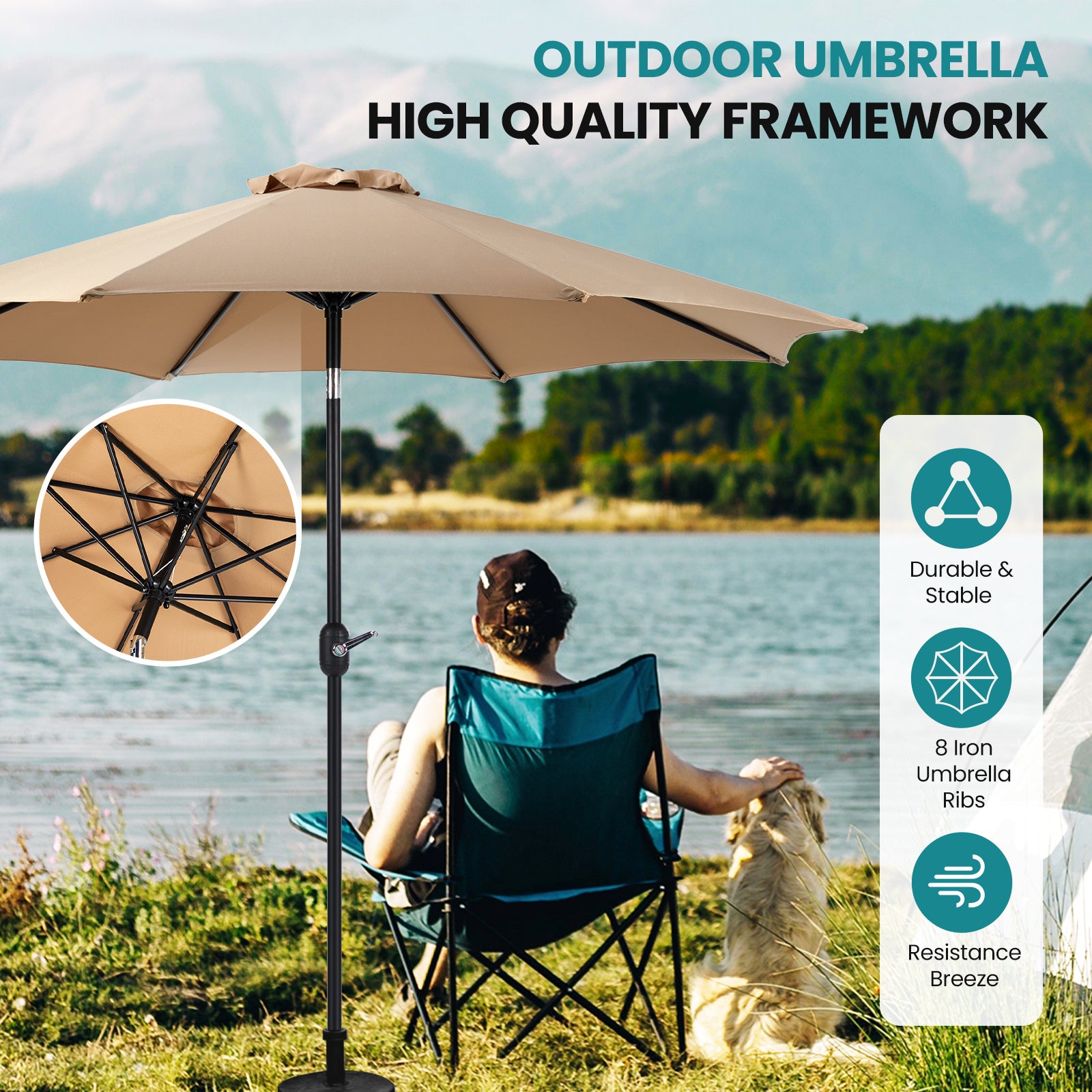 Outdoor Patio Umbrella With Push Button Tilt And Crank, Market Umbrella 8 Sturdy Ribs UV Protection Waterproof For Garden, Backyard, Red - Outdoor Chilling