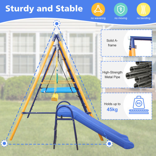 500 Lbs 7 In 1 Swing Set For Kids Outdoor A Frame Heavy Metal Swing Sets With Slide 2 Swing Seats 1 Climbing Net Ladder 1 Gym Ring 1 Basket - Outdoor Chilling