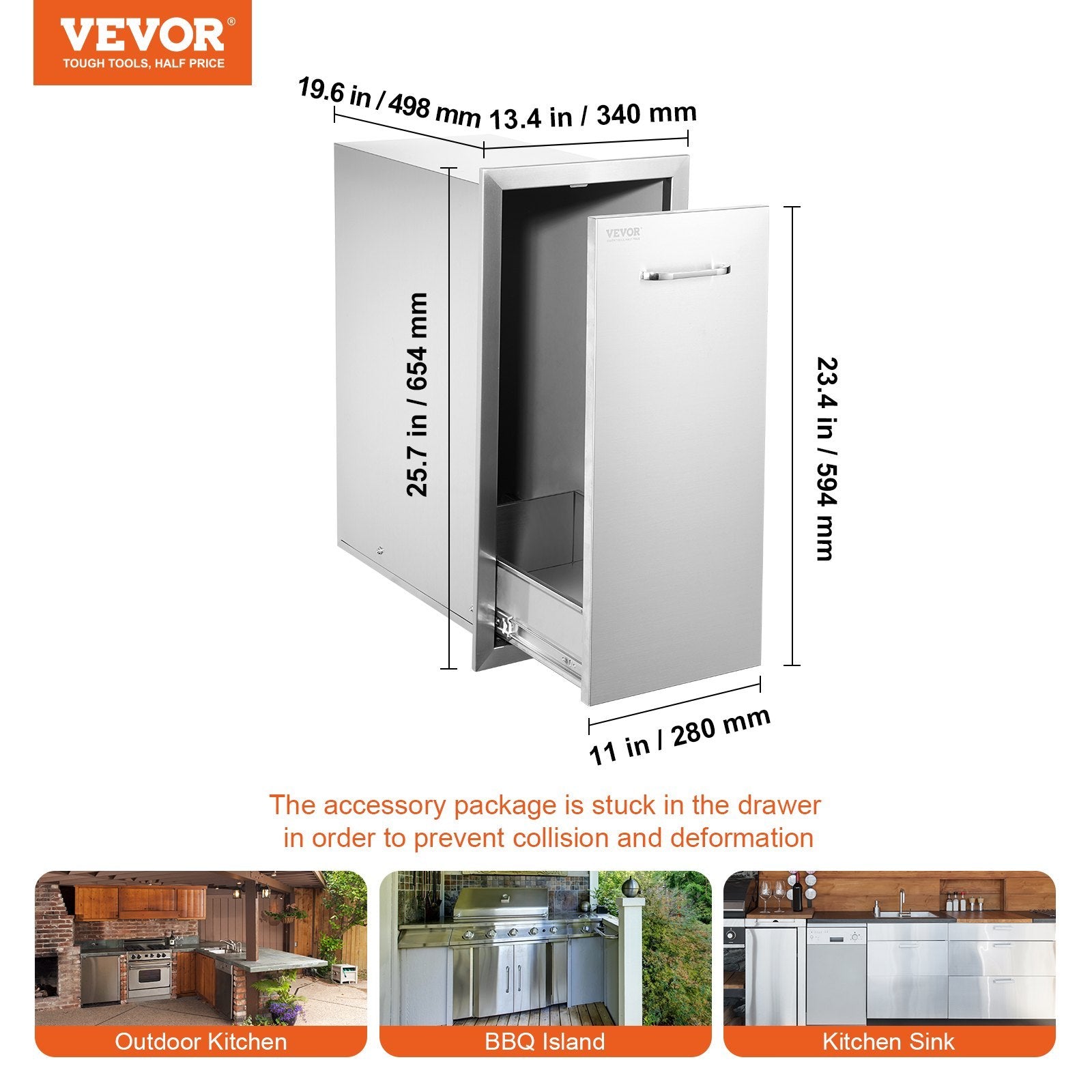 VEVOR Pull Out Trash Drawer 13.4Wx26Hx19.6D Inch Lower Sliding Rails Stainless Steel Roll Out Trash Bin Pull Out Tray Outdoor Kitchen Trash Drawer With Handle For BBQ Island Grill Station