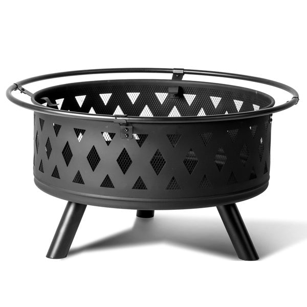 32in Round Shape With Lifting Ring, Mesh Lid, Diamond Holes, Wood-burning Brazier, Wrought Iron, Black - Outdoor Chilling