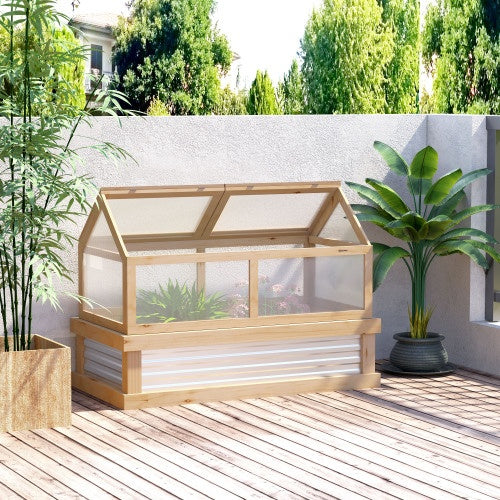 Outsunny Raised Garden Bed With Polycarbonate Greenhouse, Wooden Garden Cold Frame Greenhouse, Flower Planter Protection, 48 X 24 X 32, Natural - Outdoor Chilling