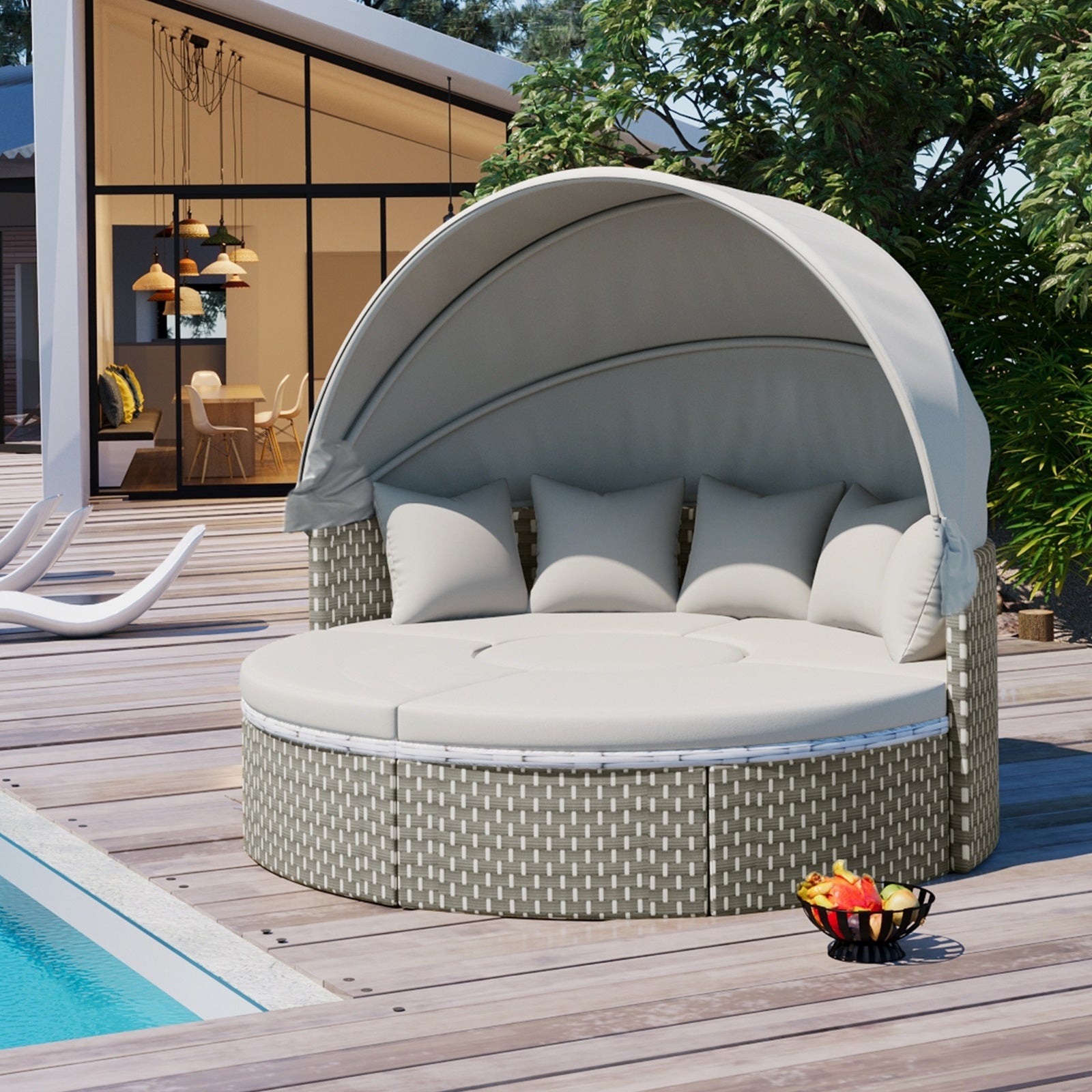 TOPMAX Patio Furniture Round Outdoor Sectional Sofa Set Rattan Daybed Two-Tone Weave Sunbed With Ret - Outdoor Chilling