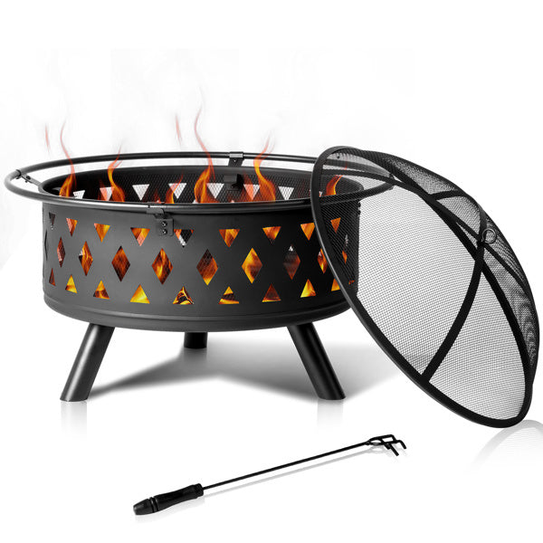 32in Round Shape With Lifting Ring, Mesh Lid, Diamond Holes, Wood-burning Brazier, Wrought Iron, Black - Outdoor Chilling