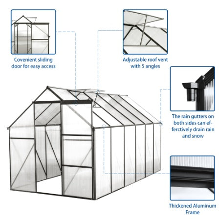 6x12 FT Polycarbonate Greenhouse Raised Base And Anchor Aluminum Heavy Duty Walk-in Greenhouses For Outdoor Backyard In All Season,Black - Outdoor Chilling