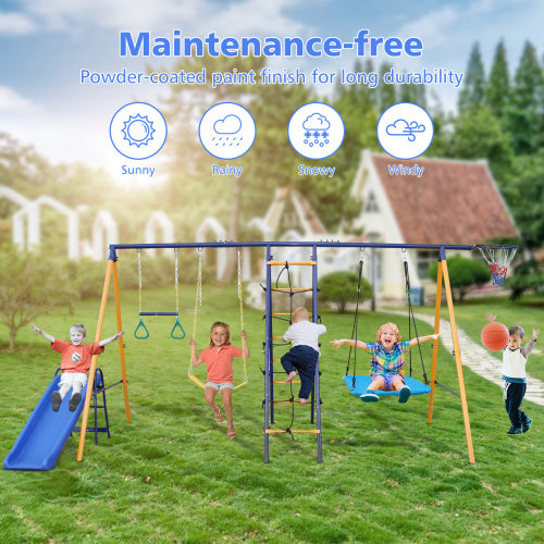 500 Lbs 7 In 1 Swing Set For Kids Outdoor A Frame Heavy Metal Swing Sets With Slide 2 Swing Seats 1 Climbing Net Ladder 1 Gym Ring 1 Basket - Outdoor Chilling