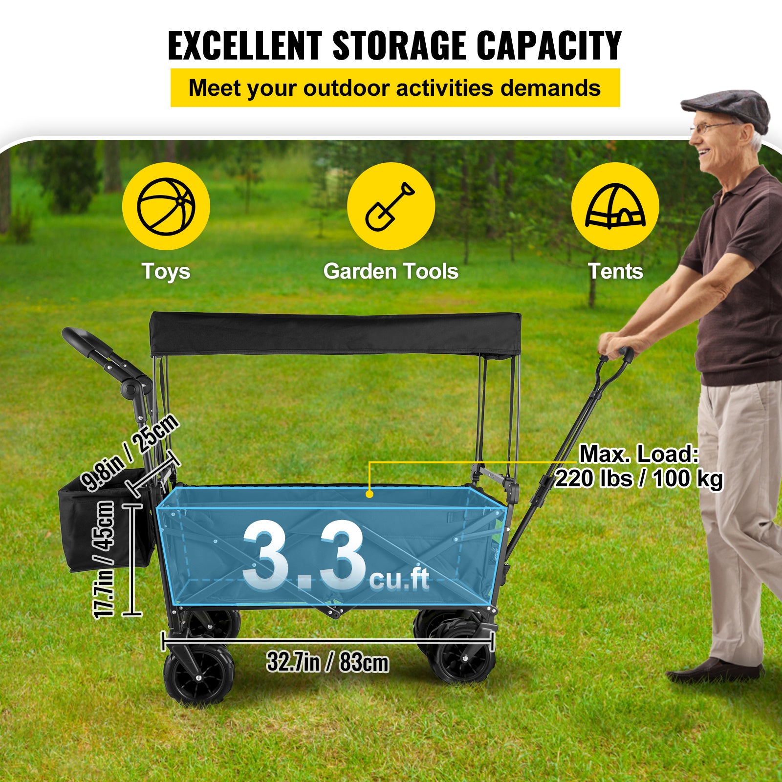 VEVOR Extra Large Collapsible Garden Cart With Removable Canopy, Folding Wagon Utility Carts With Wheels And Rear Storage, Wagon Cart For Garden, Camping, Grocery Cart, Shopping Cart, Black - Outdoor Chilling