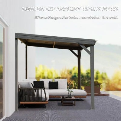 8x10 Lean To Gazebo With Upgraded Drainage System, Wall Mounted Gazebo Hardtop Galvanized Steel Sloping Roof For Patio Deck Lawn Party Gray - Outdoor Chilling
