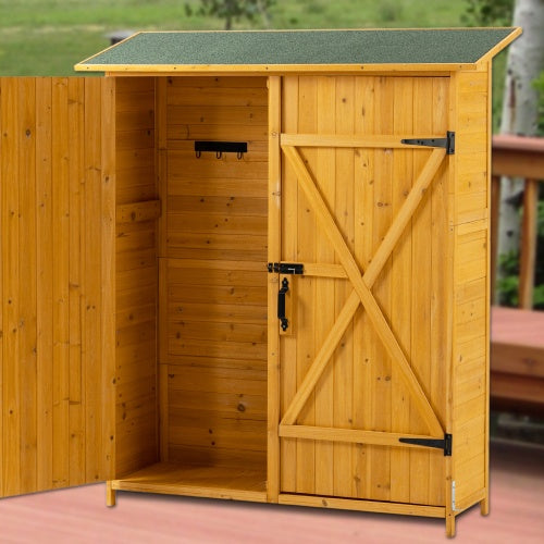 56L X 19.5W X 64H Outdoor Storage Shed With Lockable Door, Wooden Tool Storage Shed W Detachable Shelves Pitch Roof, Natural - Outdoor Chilling