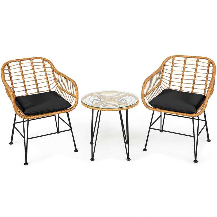 3 Pieces Rattan Furniture Set With Cushioned Chair Table - Outdoor Chilling