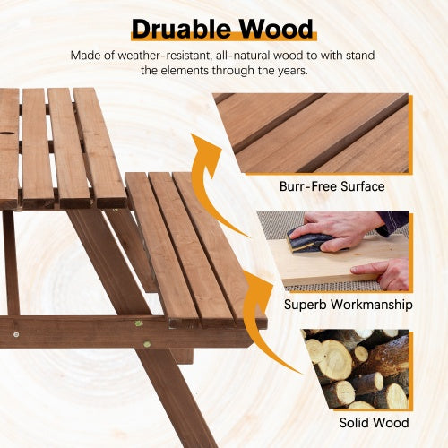 8 Person Brown Wooden Picnic Table, Outdoor Camping Dining Table With 2 Seats, Garden, DIY With 2 Built-in Benches, 2220lb Capacity - Outdoor Chilling