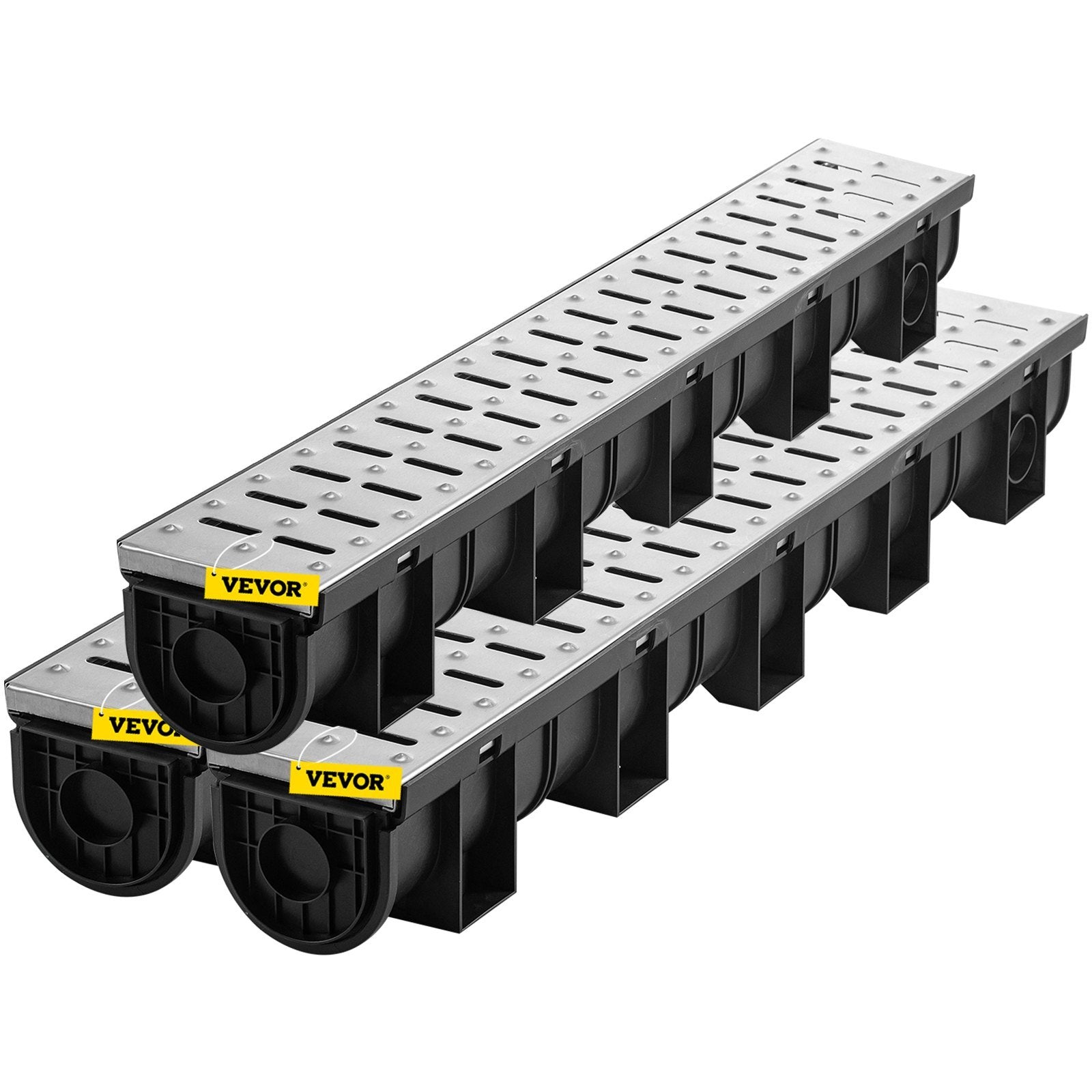 VEVOR Trench Drain System, Channel Drain With Metal Grate, 5.9x5.1-Inch HDPE Drainage Trench, Black Plastic Garage Floor Drain, 3x39 Trench Drain Grate, With 3 End Caps, For Garden, Driveway-3 Pack