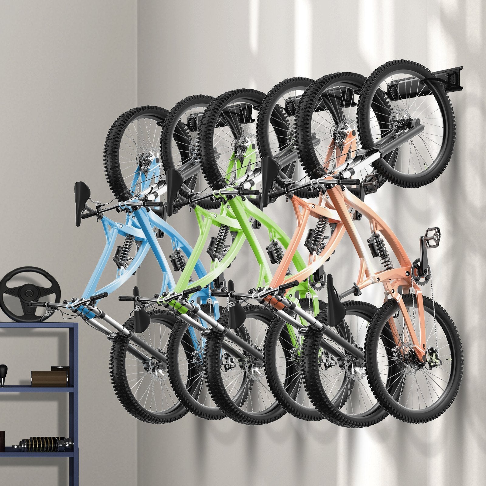 VEVOR Bike Storage Rack, 6 Bike Racks And 3 Helmets Hooks, Wall Mount Bike Storage Hanger, Home & Garage Organizer, Customizable For Various Bike Sizes, Adjustable Holder, Holds Up To 300 Lbs, 48-inch - Outdoor Chilling