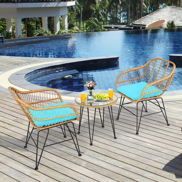 3 Pieces Rattan Furniture Set With Cushioned Chair Table - Outdoor Chilling