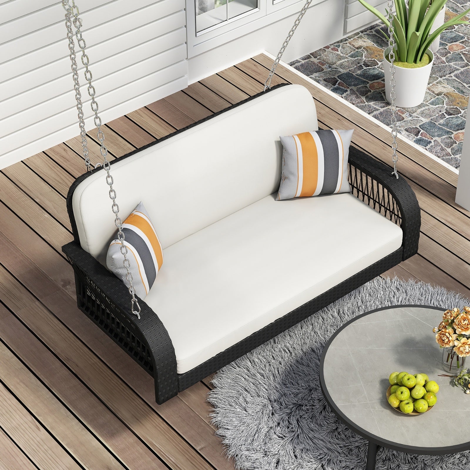 GO PE Wicker Porch Swing, 2-Seater Hanging Bench With Chains, Patio Furniture Swing For - Outdoor Chilling