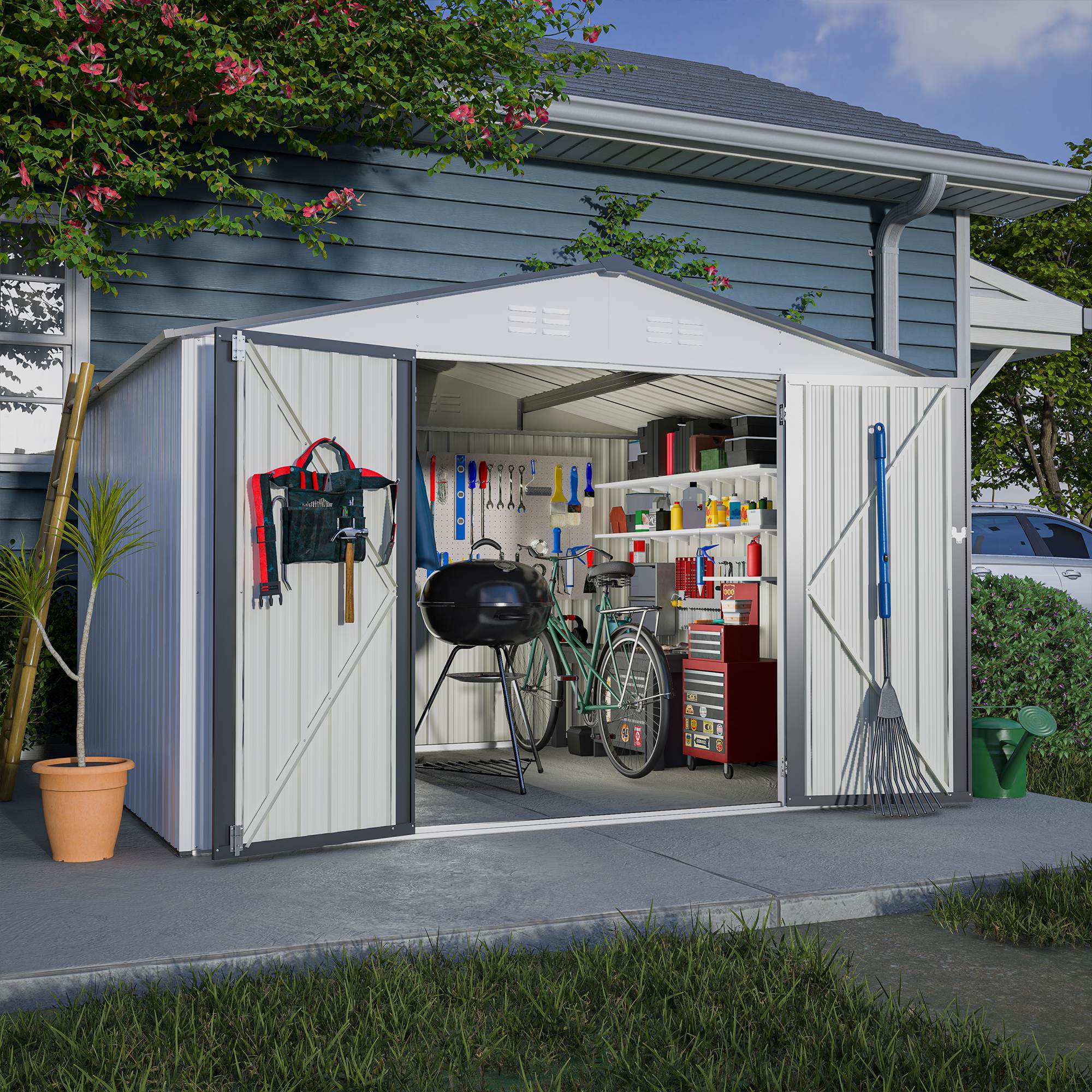 10X8 FT Outdoor Storage Shed, All Weather Metal Sheds With Lockable Doors, Tool Shed For Garden, Patio, Backyard, Lawn, White