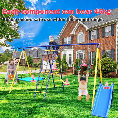 500 Lbs 7 In 1 Swing Set For Kids Outdoor A Frame Heavy Metal Swing Sets With Slide 2 Swing Seats 1 Climbing Net Ladder 1 Gym Ring 1 Basket - Outdoor Chilling