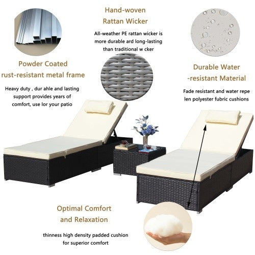 3-Piece Outdoor Patio Furniture Set Chaise Lounge, Patio Reclining Rattan Lounge Chair Chaise Couch Cushioned With Glass Coffee Table, Adjustable Back And Feet, Lounger Chair For Pool Garden, Beige - Outdoor Chilling