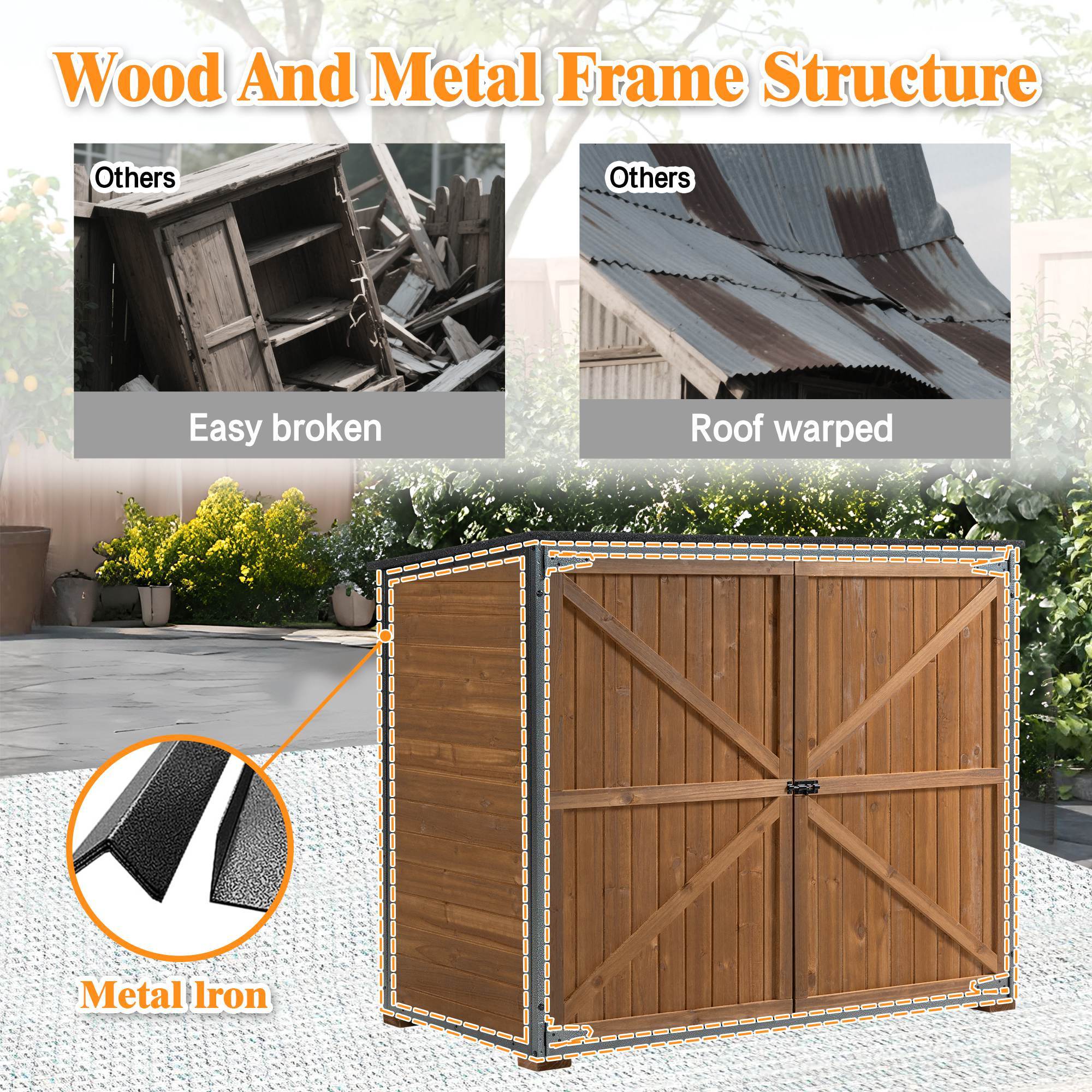 Outdoor Storage Cabinet 50.4L X 26.8W X 41H Ft Garden Shed Tool Shed With Metal Frame Structure For Garden Patio Lawn Brown - Outdoor Chilling