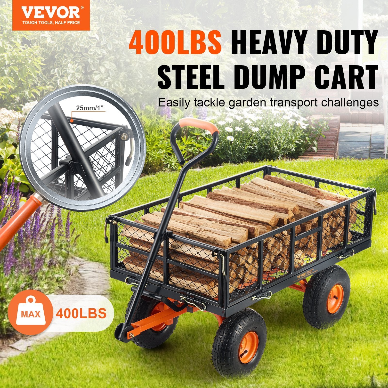 VEVOR Dump Cart, Metal Garden Dump Cart With Easy To Assemble Frame, Dump Wagon With 2-in-1 Convertible Handle, Utility Wheelbarrow 400 Lbs Capacity, 10 Inch Tires - Outdoor Chilling