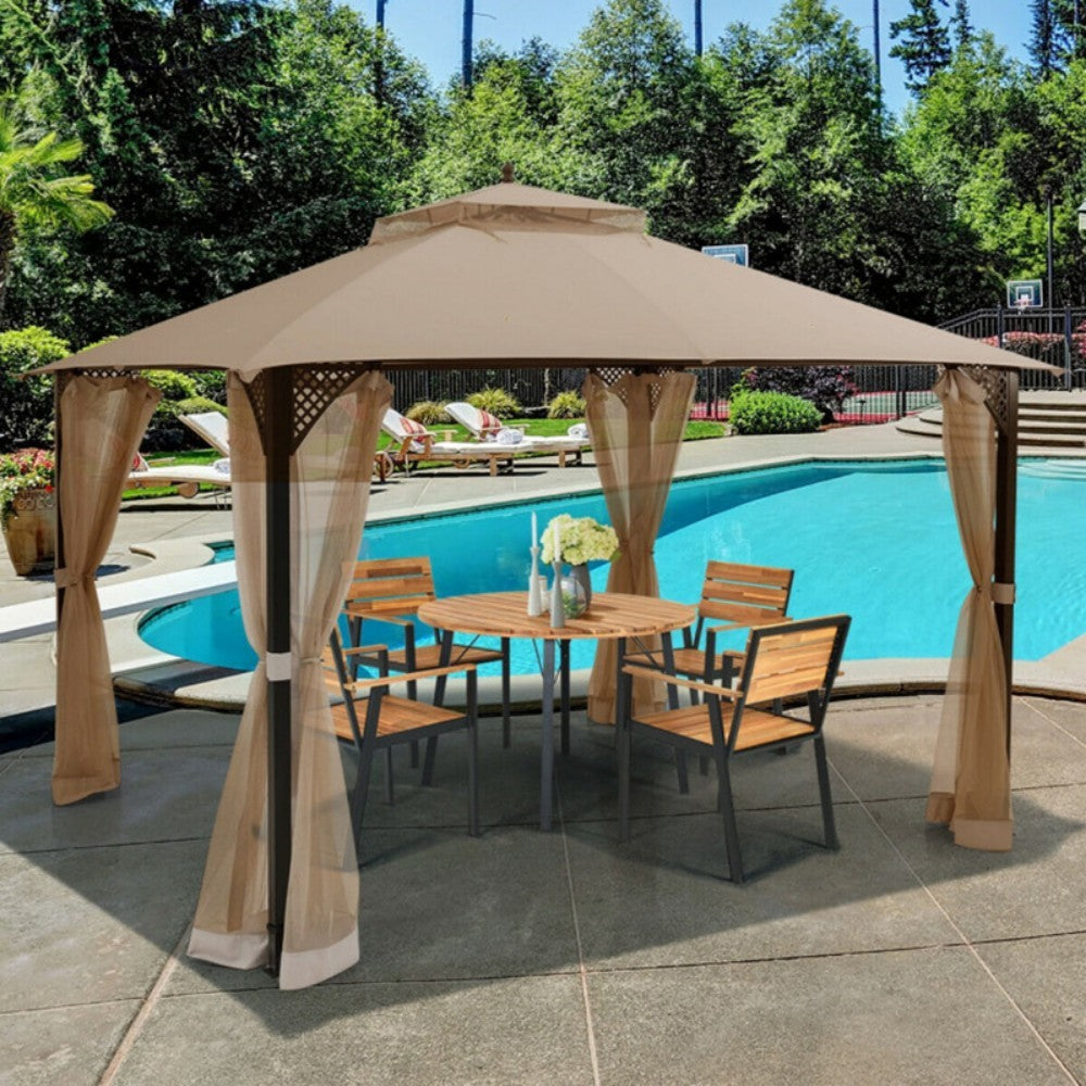 12 X 10 Feet Outdoor Double Top Patio Gazebo With Netting - Outdoor Chilling