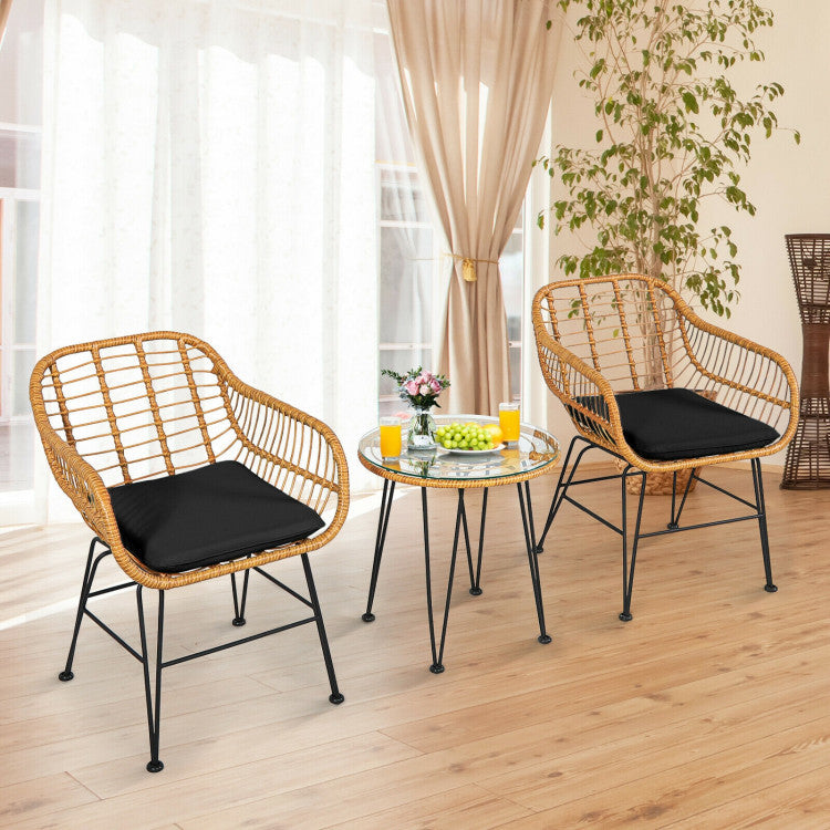 3 Pieces Rattan Furniture Set With Cushioned Chair Table - Outdoor Chilling