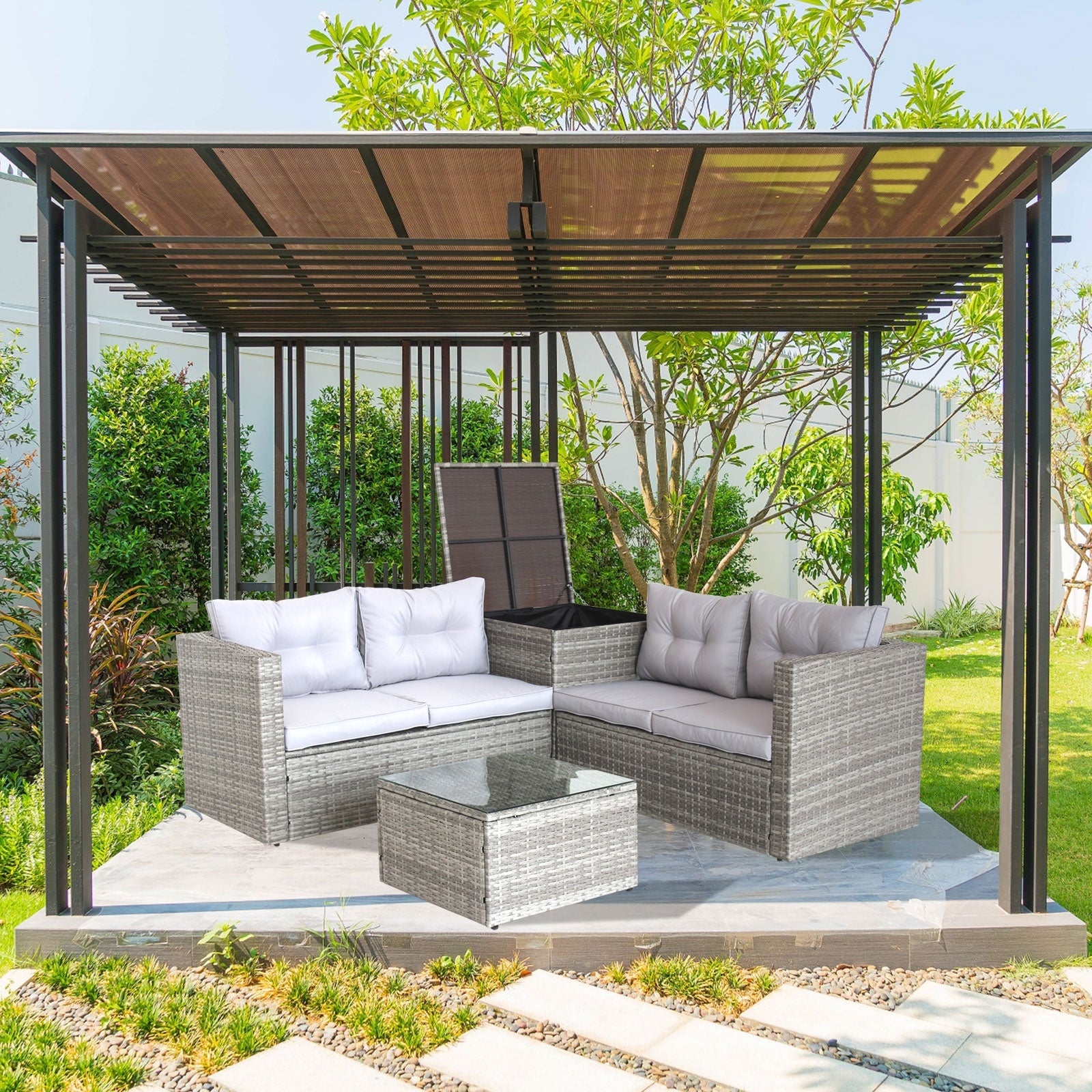 4Pc Patio Sectional Wicker Rattan Sofa Set W/Storage Box Grey - Outdoor Chilling
